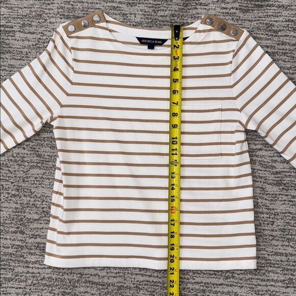 New VERONICA BEARD Hovey Striped Top Small Khaki / Off White Cotton - Picture 8 of 13